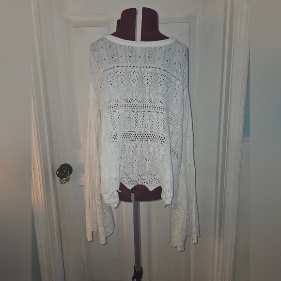 Altar'd State Sweaters - Altar'd State Bell Sleeve White Cotton Eyelet Crew Neck Scalloped Hem Sweater